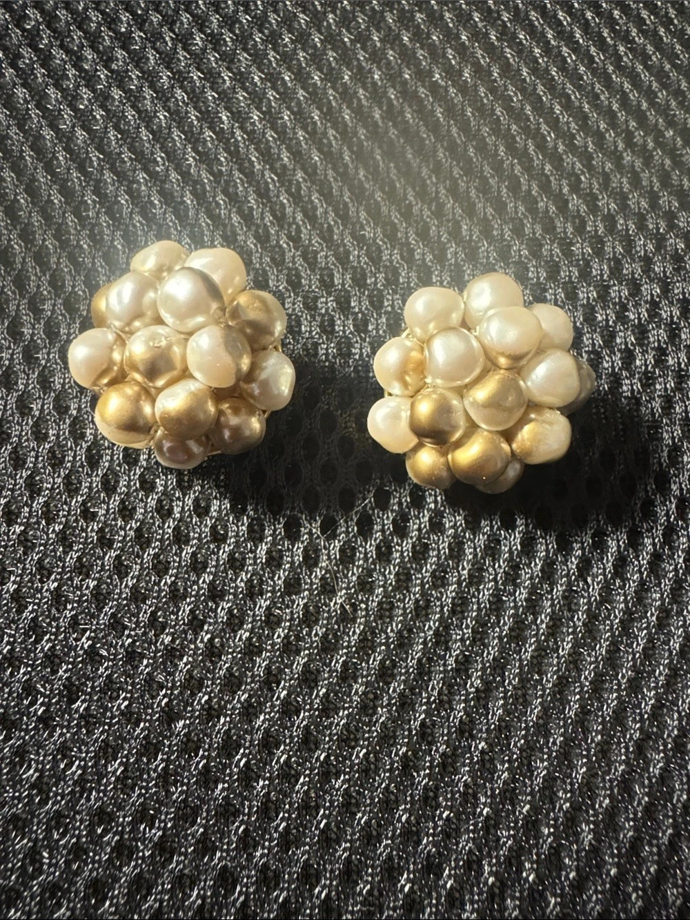 Gold & White Beaded Clip-On Earrings Like New
